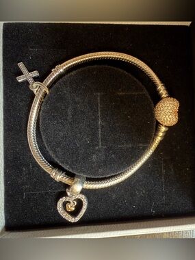 Pandora Silver Bracelet with Rose Gold Pave Heart Clasp and Heart Charm